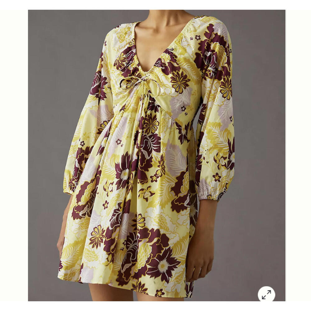 ANTHROPOLOGIE yellow and purple floral long sleeve mini dress sz XS